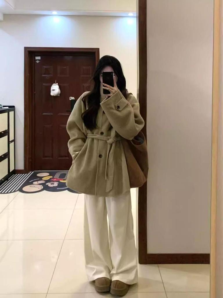 Women's 2025 Woolen Coat: Elegant Korean Stand Collar, Petite Fit