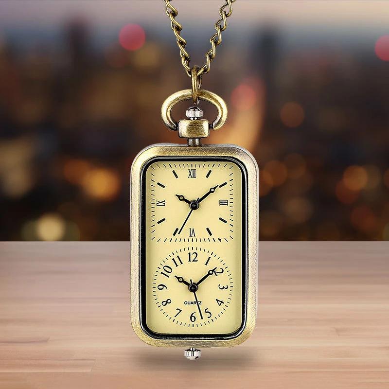 Retro Inspired Bronze Pocket Watch Keychain; Square Quartz Timepiece with Double Time Movement Antique Style