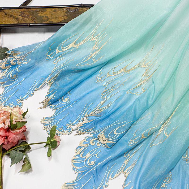 1M Chinese Classical Gradient Embroidery Fabric Chic Lotus Leaf Edge Designer Fabric For DIY Hanfu Dress Dance Costume