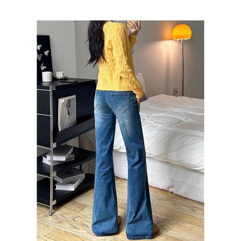 Women's Washed Low-Waist Dark Blue Micro-Flare Jeans - Bamboo Texture, Autumn Versatile, Comfortable Fit