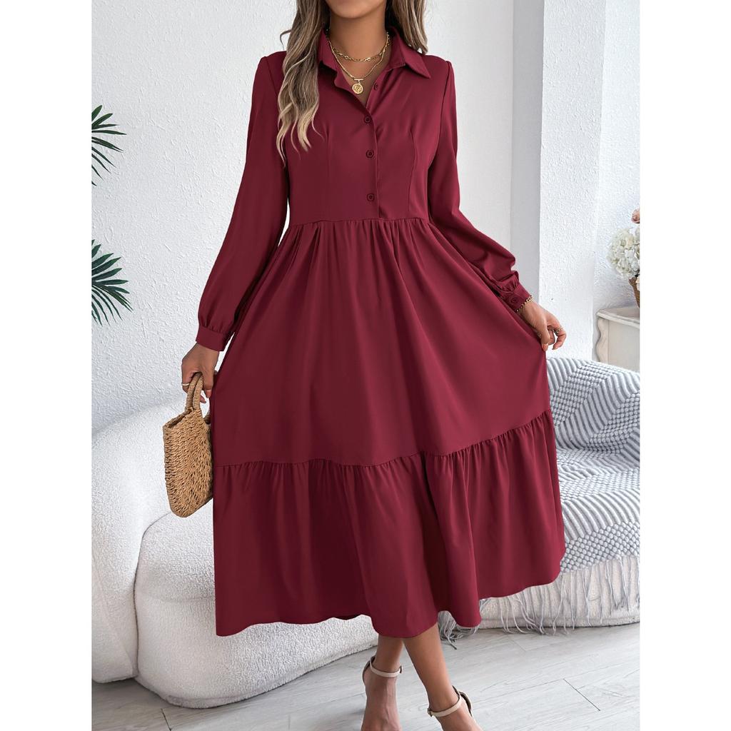 GMXIA Autumn and Winter Lapel Casual Loose Long-sleeved Ruffled Shirt Dress for Women