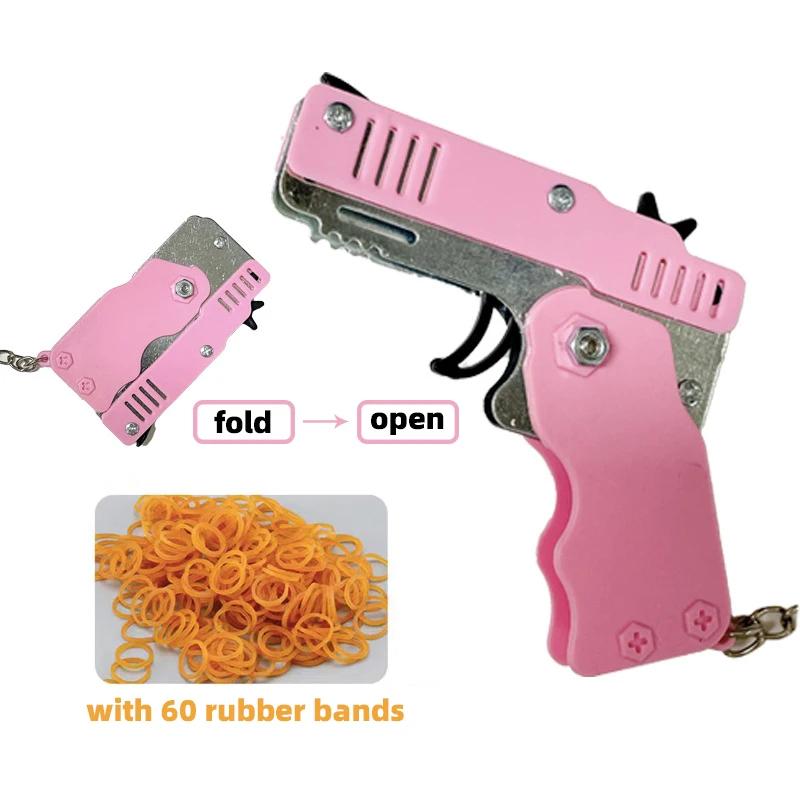 Metal Toy Gun Mini Burst Folding Rubber Band Gun Alloy Model Gun Pendant Outdoor Sports Toy Pistol Keychain for Boys Kids