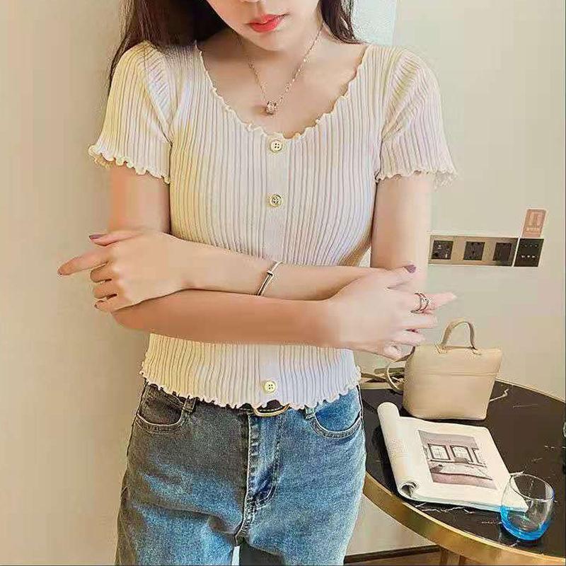 Summer Women Fashion Slim Short Sleeve T-shirt Knitted Elastic Short Tops