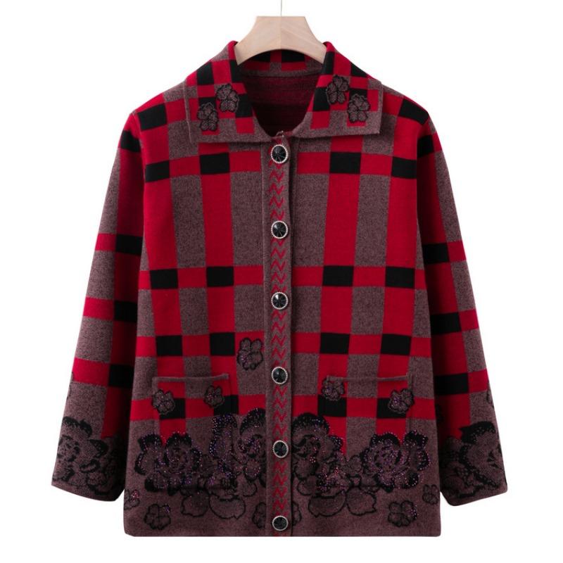 Grandma winter sweater cardigan lapel spring and autumn mother new knitted sweater medium and old top elderly clothes