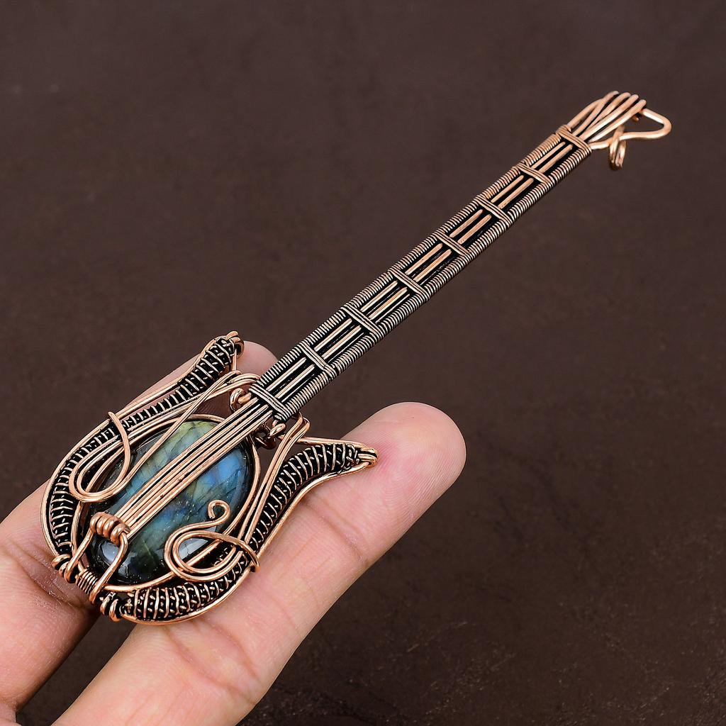 Labradorite Handmade Copper Wire Wrap Guitar Pendant 4.53" V3U44