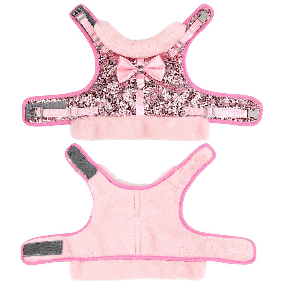 Bling Sequines Dog Harness and Leash Set Warm Fur Winter Dogs Vest Harness For Small Medium Dogs Cats With Cute Bowtie Pink