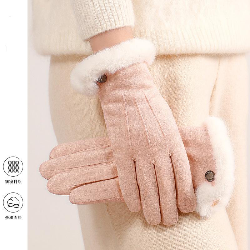 Plush suede gloves women's electric car warm cold windproof driving piled thickened gloves winter