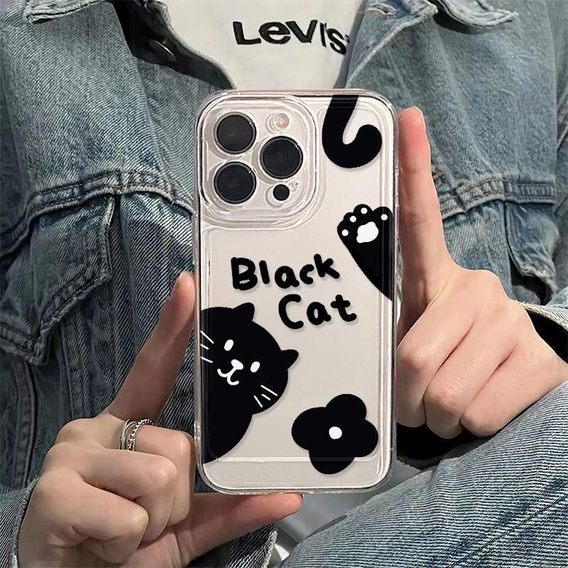 Cute little black cat for iPhone17promax space phone case Apple 16 transparent 14/13 fine hole 15 apple 17