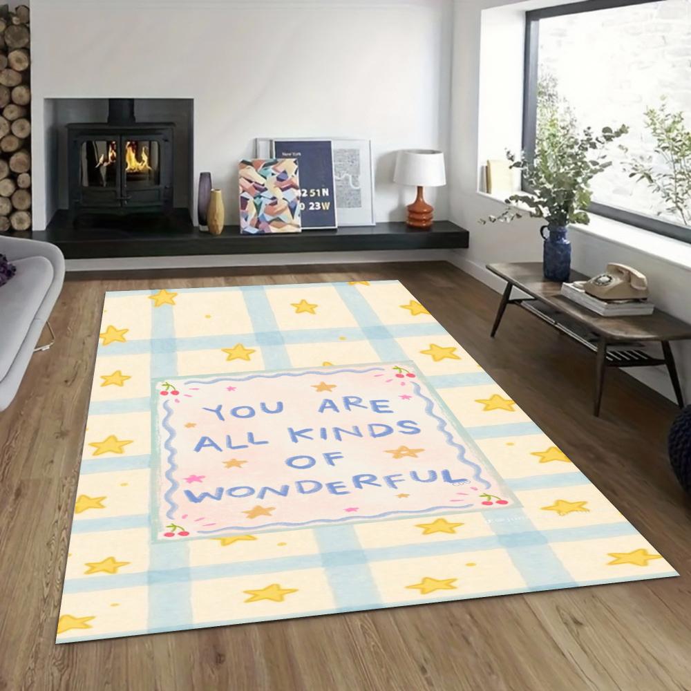 

Inspirational Quote Carpet Stripe Pattern Rug Mat with Sun Star Design for Living Room Home Decoration Home Bedroom Decor Rugs 40X60CM