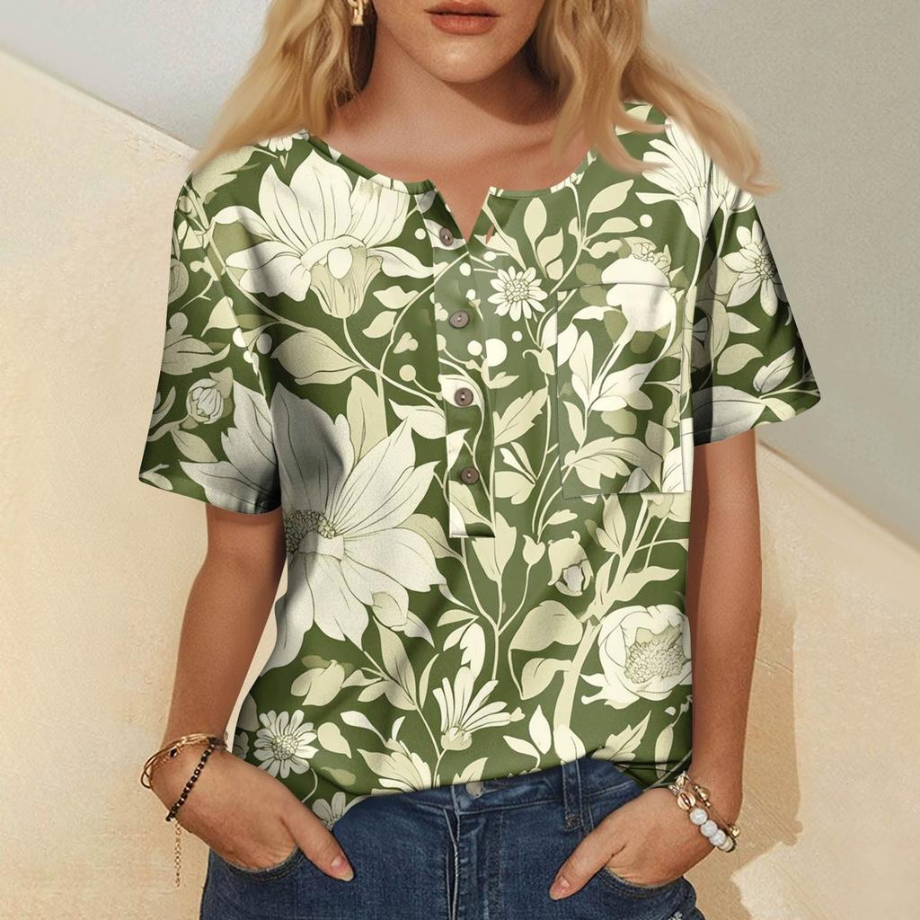 Women's Fashion Casual Short Sleeve Print Round Neck Pullover Top Blouse