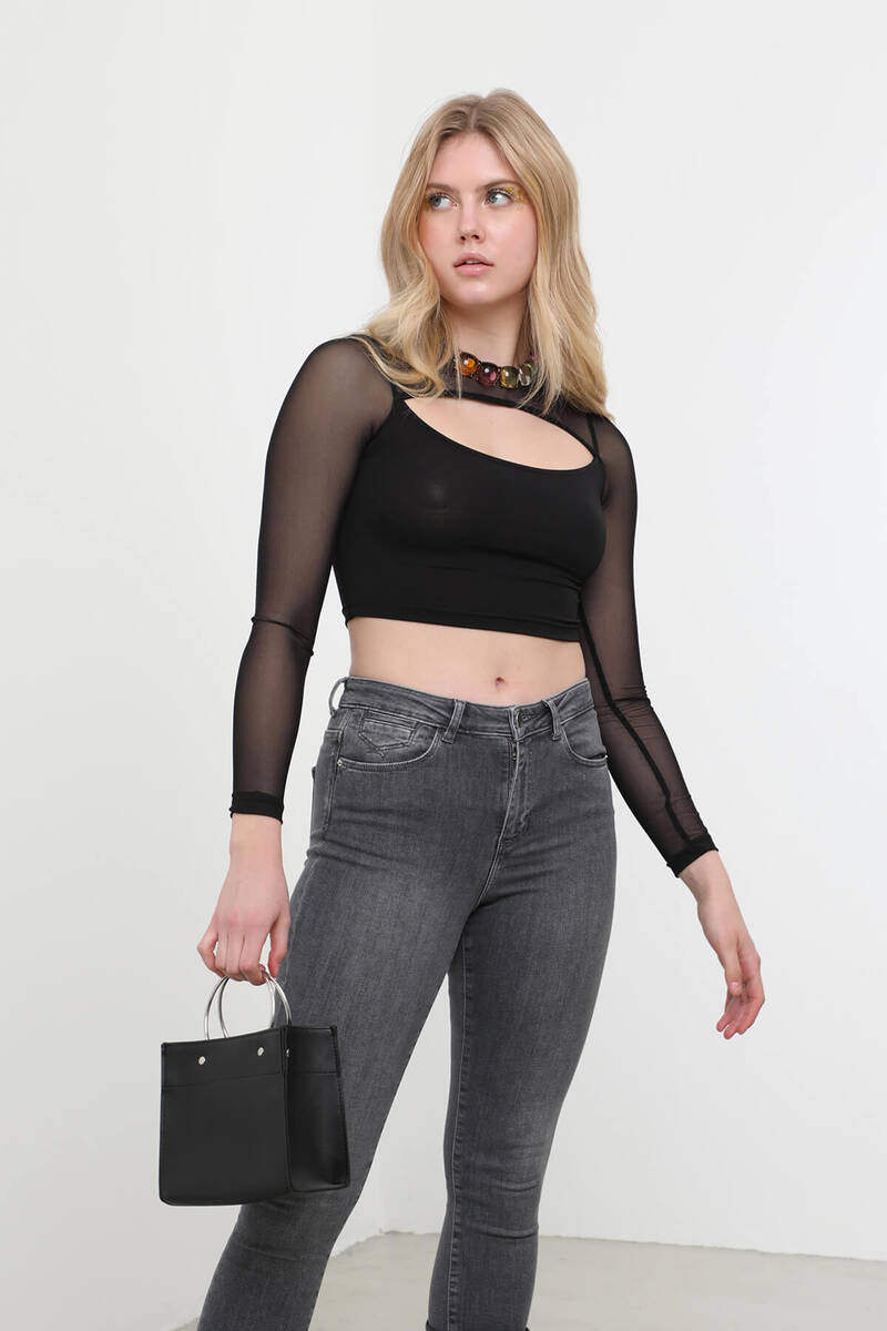 

Transparan Tül Detaylı Crop Top Siyah
