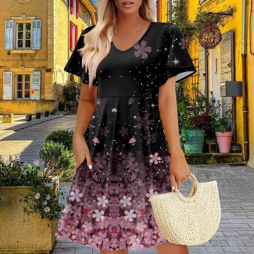 Women Summer Dress Casual Swing Floral Ruffle Short Sleeve Sundresses Beach  A-line  Dress  With Pockets