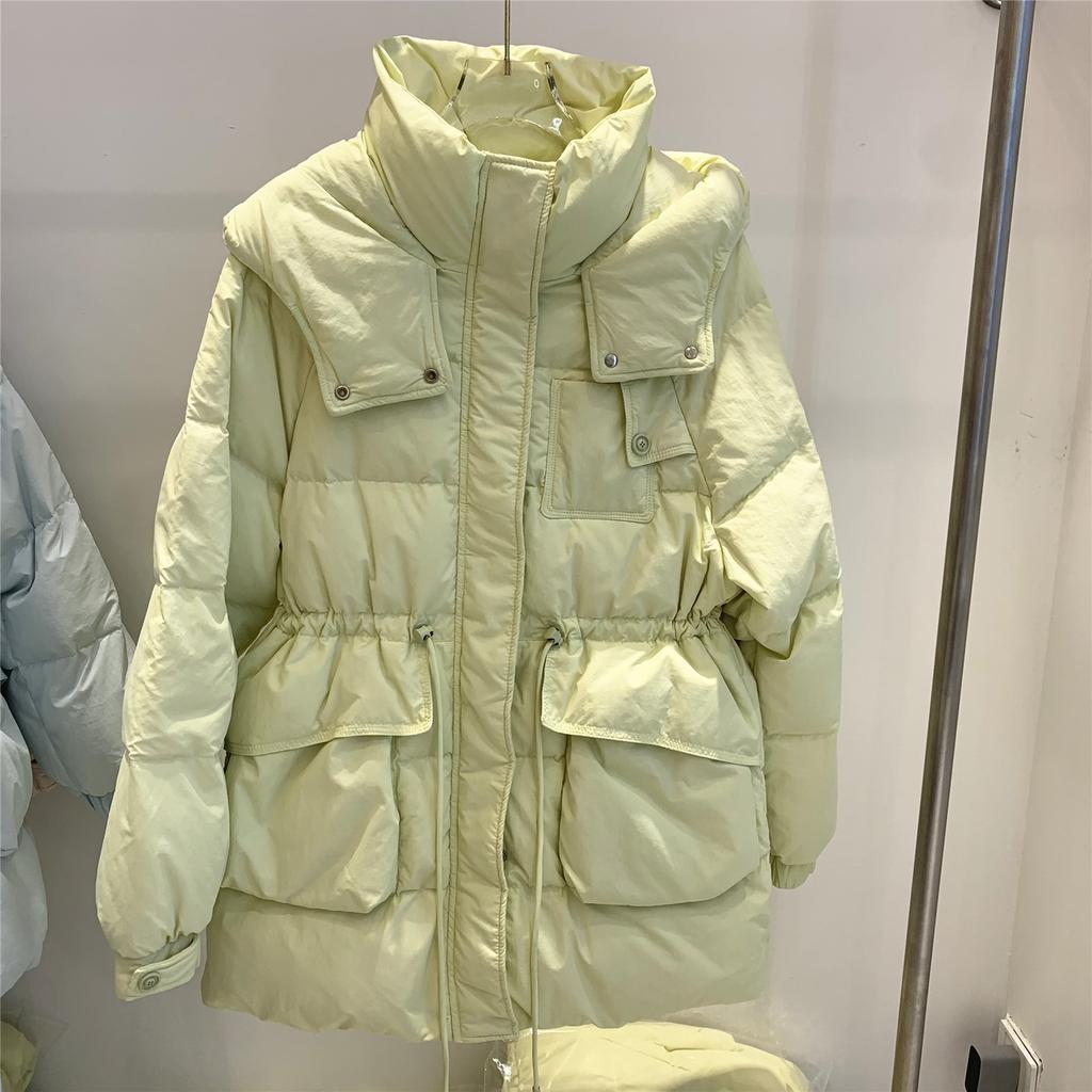 FASHION 2024 New Down  Women's Medium and Long Korean Edition Big Pocket Hooded Drawstring Waist Thick Women's  Winter Clothes