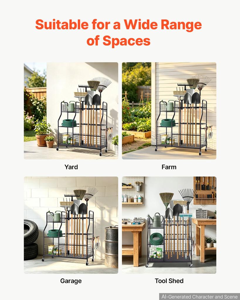 VEVOR Garden Tool Organizer with Wheels, Large Metal Garage Storage Rack, for Rakes/Shovels/Brooms