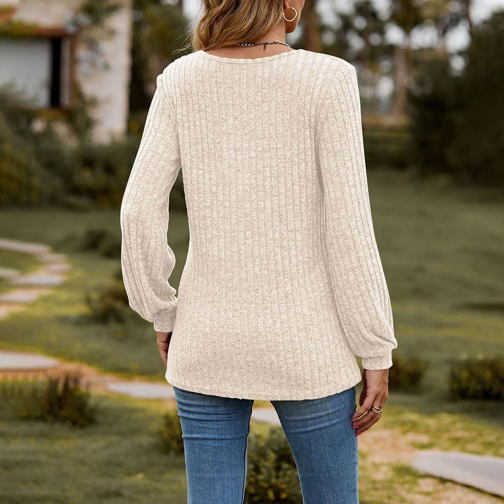 Women's Fashion Round Neck Ribbed Brushed Solid Color Button Stitching Long Sleeve