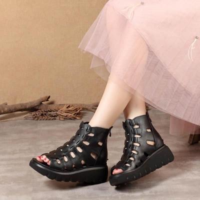 Damen Sommer Weiches Leder Fischmaul Coole Stiefel Vielseitig Schwammkuchen Lässig Dicke Sohle Schuhe