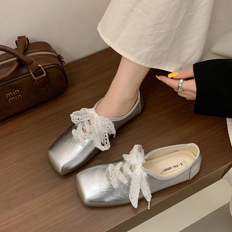 Fashion Casual Woman Shoe Modis Elegant Square Toe Female Footwear 2025 New Dress Comfortable Summer Lace-Up Rubber Sewing Leisure PU Fl