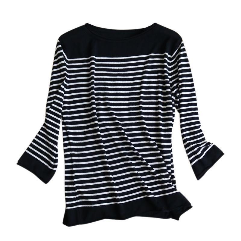 Tangge Women's Silk Lyocell Striped Long Sleeve Crew Neck T-Shirt