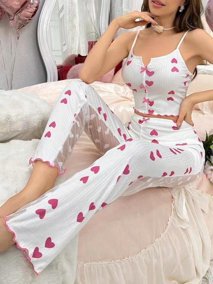 2024 Color Block Mesh Patchwork Camisole Pajama Set with Front Slit