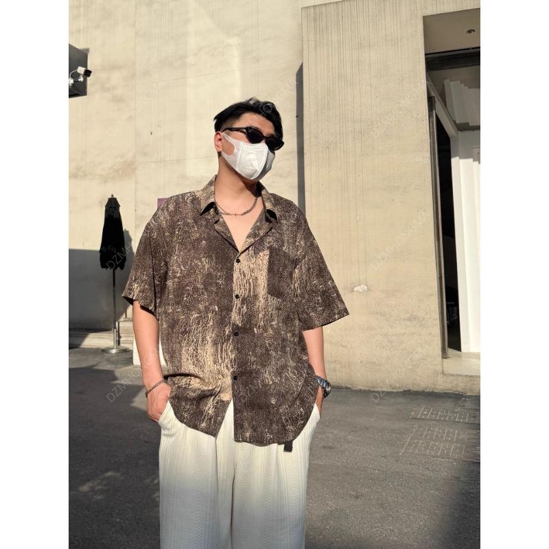 Herrskjorta med abstrakt tryck, kubansk krage, oversized, korta ärmar, avslappnad streetwear-topp