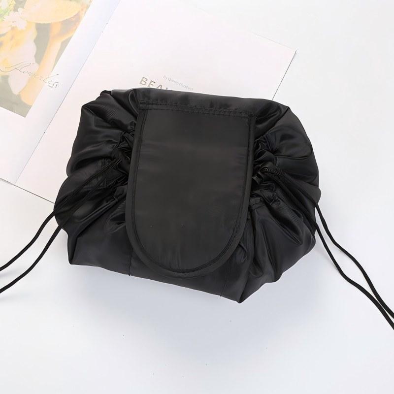 Large Capacity Black Polyester Makeup Bag, Drawstring Closure Lazy Drawstring Makeup Bag Pouch Storage Organiser for Women Girl чёрный