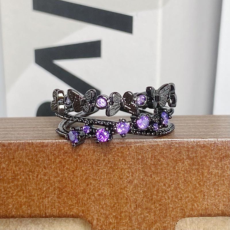 [Butterfly Purple Que] Dark Butterfly Purple Diamond Punk Personality Open Ring Spice Girls Stack Niche Design Rings