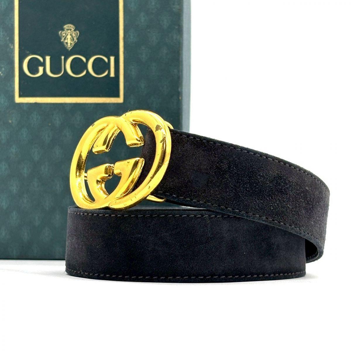 Used [Gold on black] GUCCI Belt Interlocking G Suede Logo Buckle Old Gucci 75/30 Black