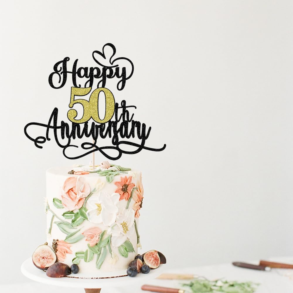 Black Gold Happy 50th Anniversary Cake Toppers- 50 Wedding Anniversary Party Decoration Ideas,Birthday Cake Decorations,50th Anniversary
