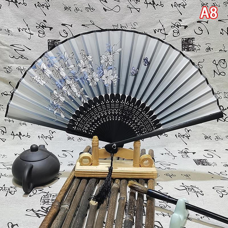 

Винтажный складной веер в китайском стиле, бамбуковый ручной веер, деревянный хвостовик, классический танцевальный веер с кисточкой, элегантный женский веер, домашний декор