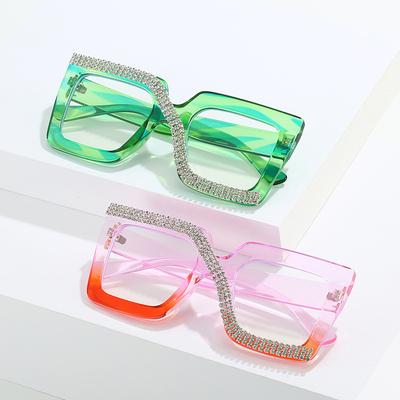 Diamond-Encrusted Glasses Frame, Personalized Punch, Colorful Square Frame Glasses, Hip-Hop Flat Glasses.