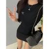 Korean Style Color Block Slim Fit T-Shirt with Bow Neck and Embroidery