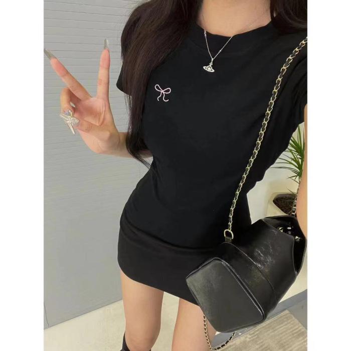 Korean Style Color Block Slim Fit T-Shirt with Bow Neck and Embroidery