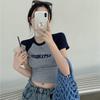 Women Spring Summer Splicing Color Short Sleeved T-shirt O-Neck Tight Blouses Pullover Slim Short Top S-XXL