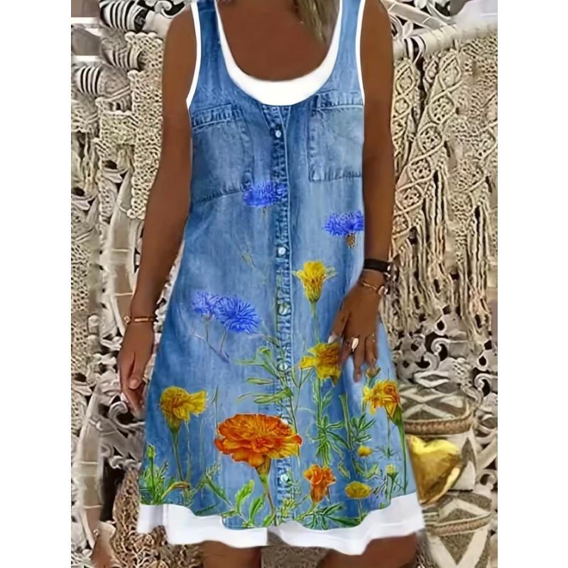 Women's Fashionable Printed Casual Sleeveless Dress, Machine Washable, Comfortable and Versatile