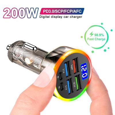 200W Multi-Port Car Charger QC3.0 PD Fast Charging USB Type-C