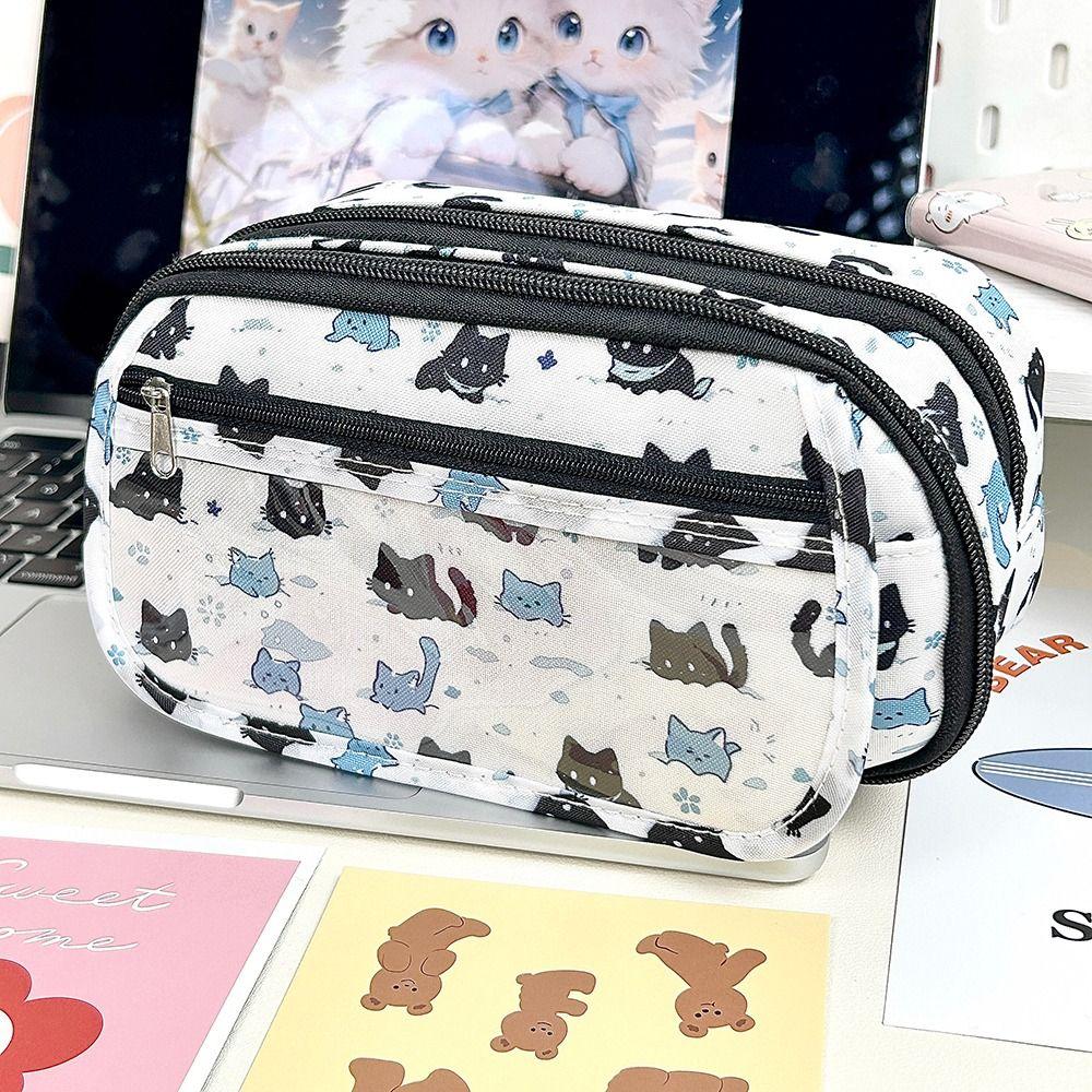 Cat Pencil Case Three-layer Storage Bag Cute Cartoon Stationery Bag  Srudents