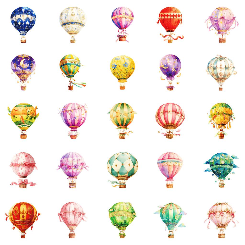 50Pcs Watercolor Hot Air Balloon Stickers – Waterproof Reusable Decals for Luggage, Laptop, Phone