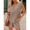 Women's Summer 2 Piece Outfit Notch Neck Button Detail Batwing Sleeve Top Drawstring Waist Pocket Shorts Set