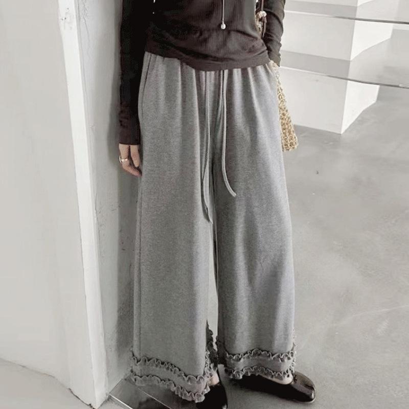 2026 Korean Style Lace-Trimmed High Waist Maternity Wide-Leg Cropped Pants M