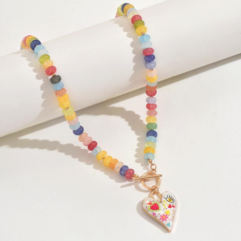 Dopamin Bunte Glas Herzförmige Perlen Anhänger Halskette Charm Damen Mädchen Femme Tägliche Kette Schmuck Zubehör Geschenke