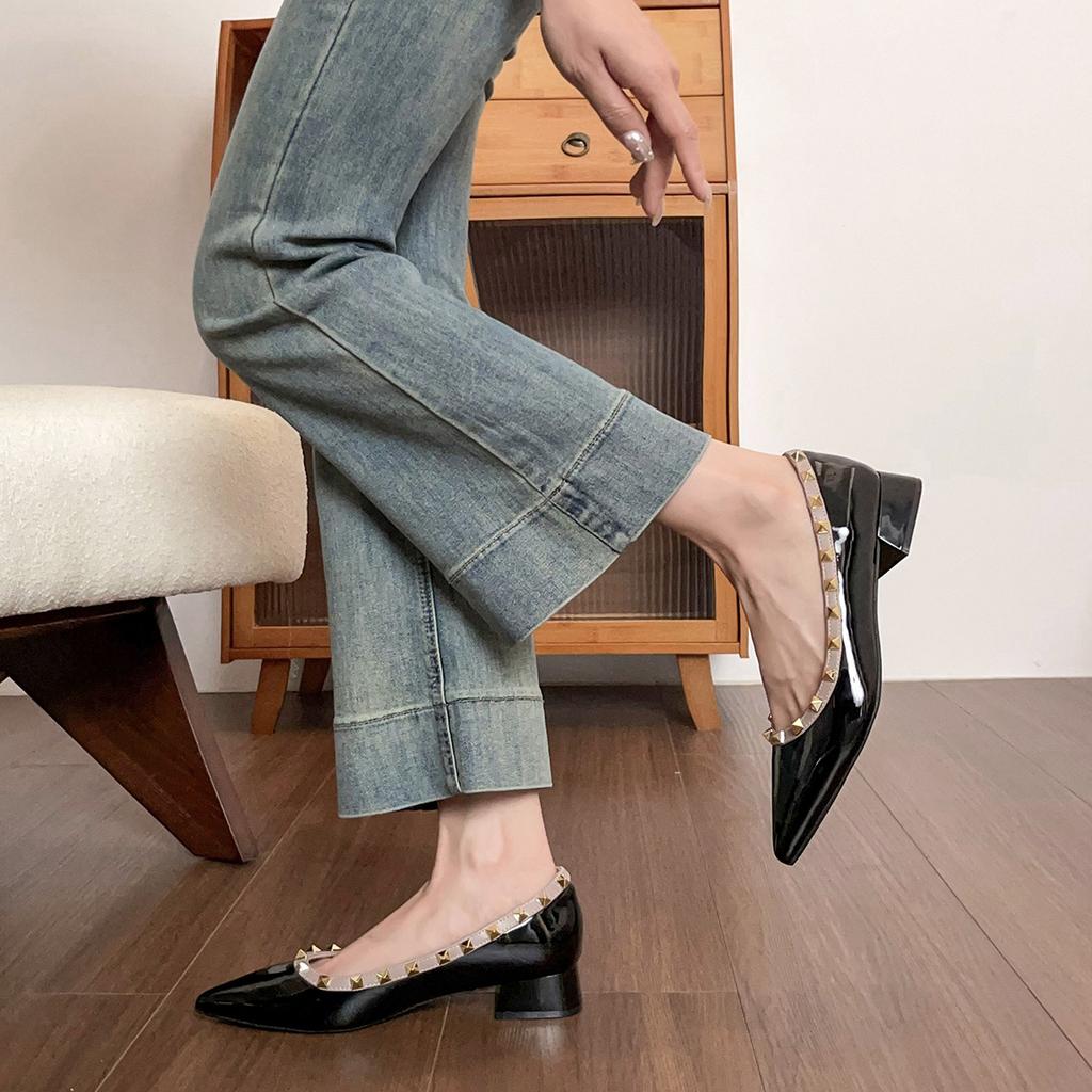 Pointed single shoes women's thick heel summer shallow mouth temperament advanced sense rivet women's shoes high heel