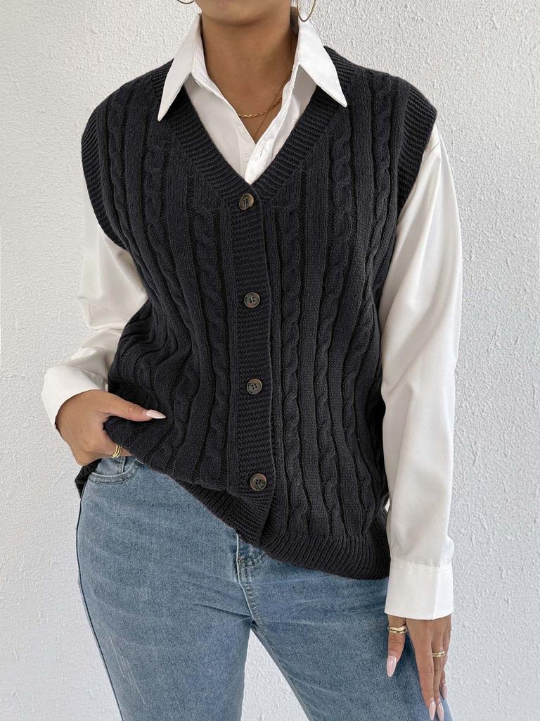 Damen Strickcardigan Europäische und Amerikanische Herbst- und Winterbekleidung Lässige Außenweste Zopfmuster Strickweste M507