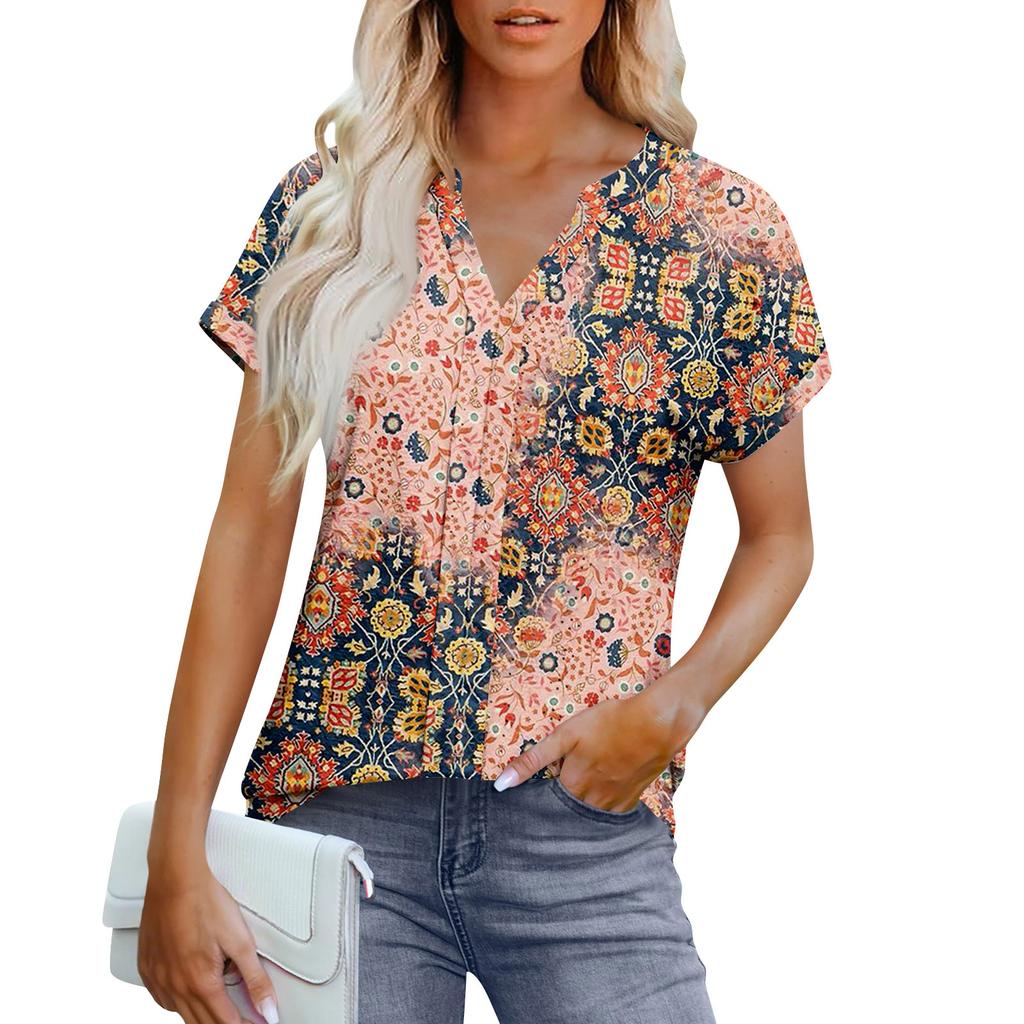 Womens Tops Short Sleeve V T-Shirt Blouse Dressy Causal Printing  Eyelet Embroidery Summer Fashion Clothes