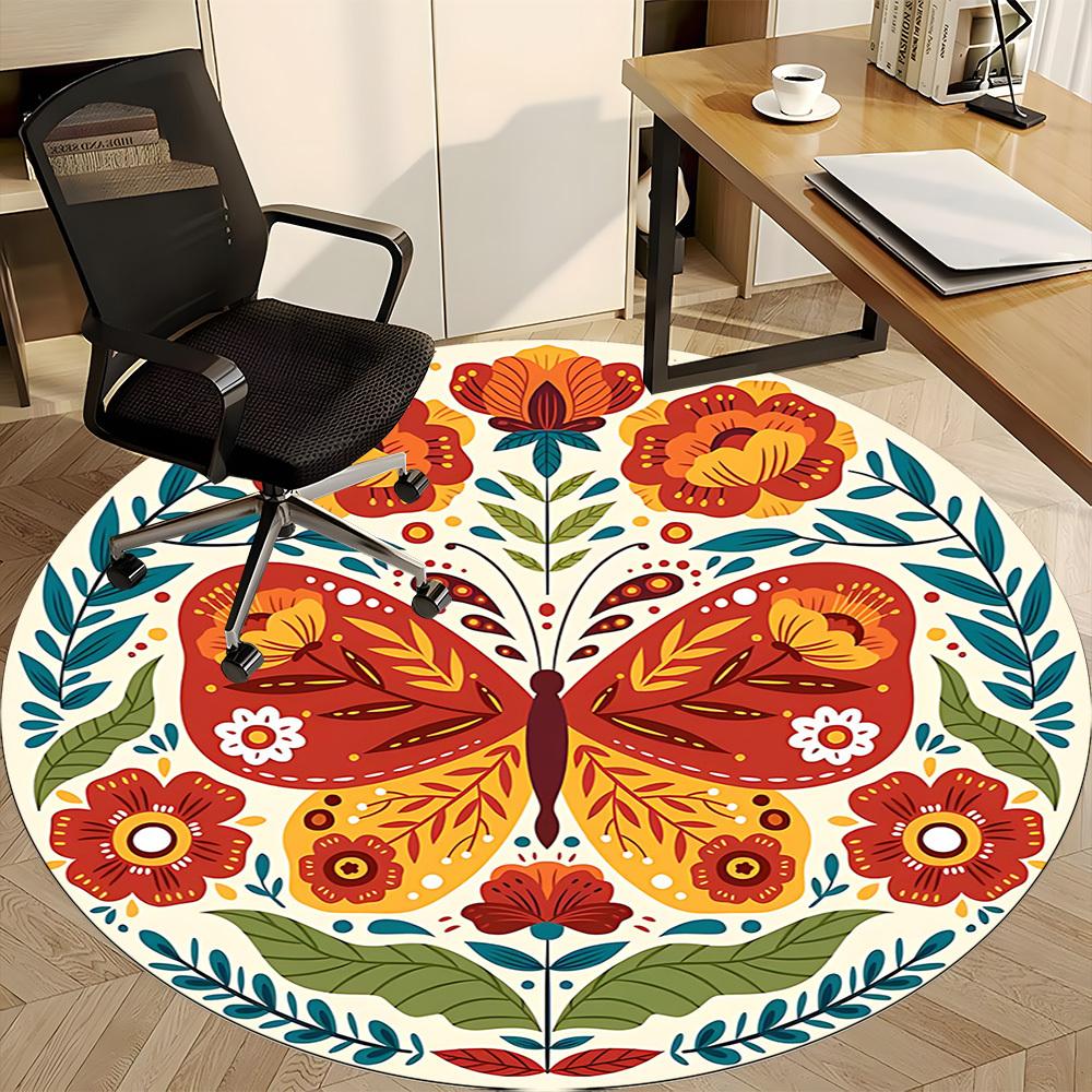 1pc Butterfly Flowers Office Round Area Rug, Indoor Mat Suitable For Office, Under Office Chairs Bedroom Living Room Home Decor, Room Deco 037