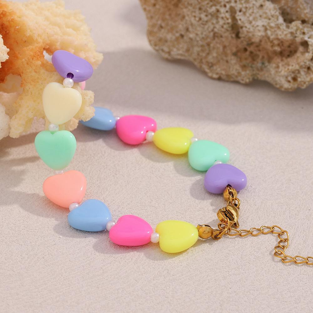 Multicolour Acrylic Heart Beads Necklace Bracelet Set Women Candy Color Love Heart Beads Stainless Steel Chain Handmade Jewelry