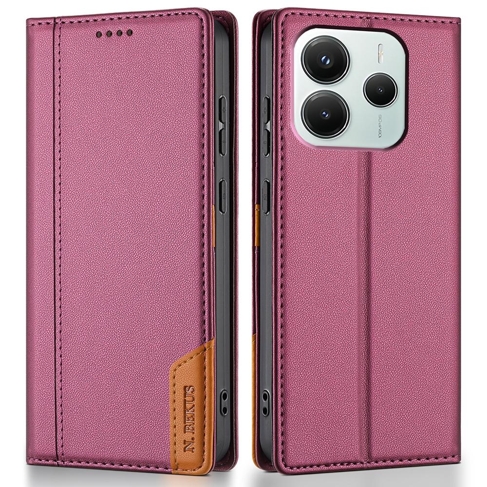 

N.BEKUS P3 For Xiaomi Redmi Note 14 5G Case RFID Blocking Wallet Stand PU Leather Flip Phone Cover Wine Red