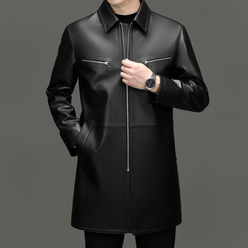 

Осенняя кожаная куртка мужская повседневная длинная из овчины верхняя кожаная куртка 195 чёрный