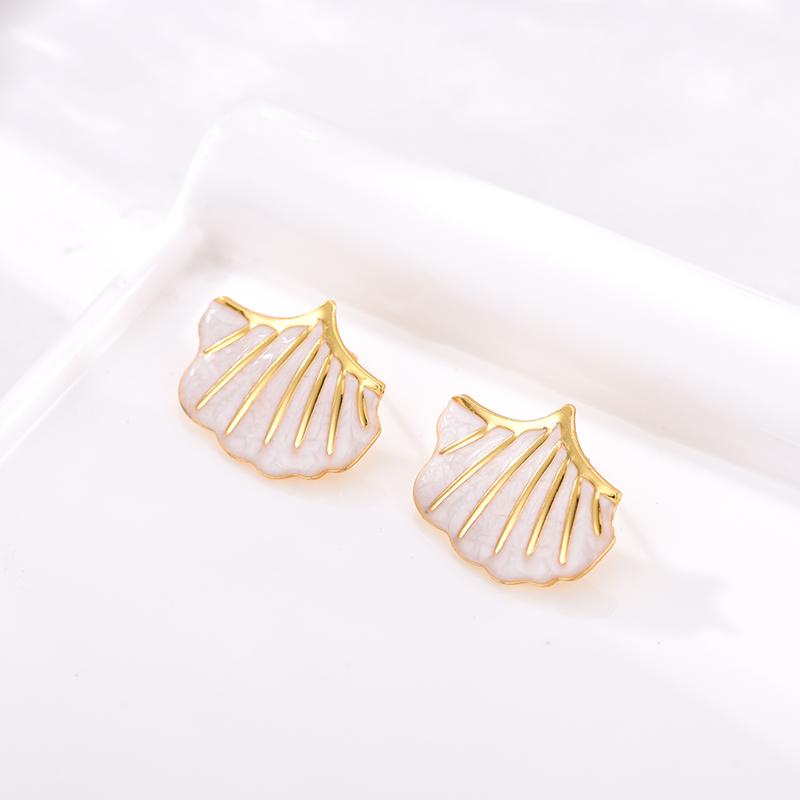 Vintage Shell Stainless Steel Gold Color Texture Stud Earrings For Women Enameled Blue White Black Beach Holiday Ocean Jewelry