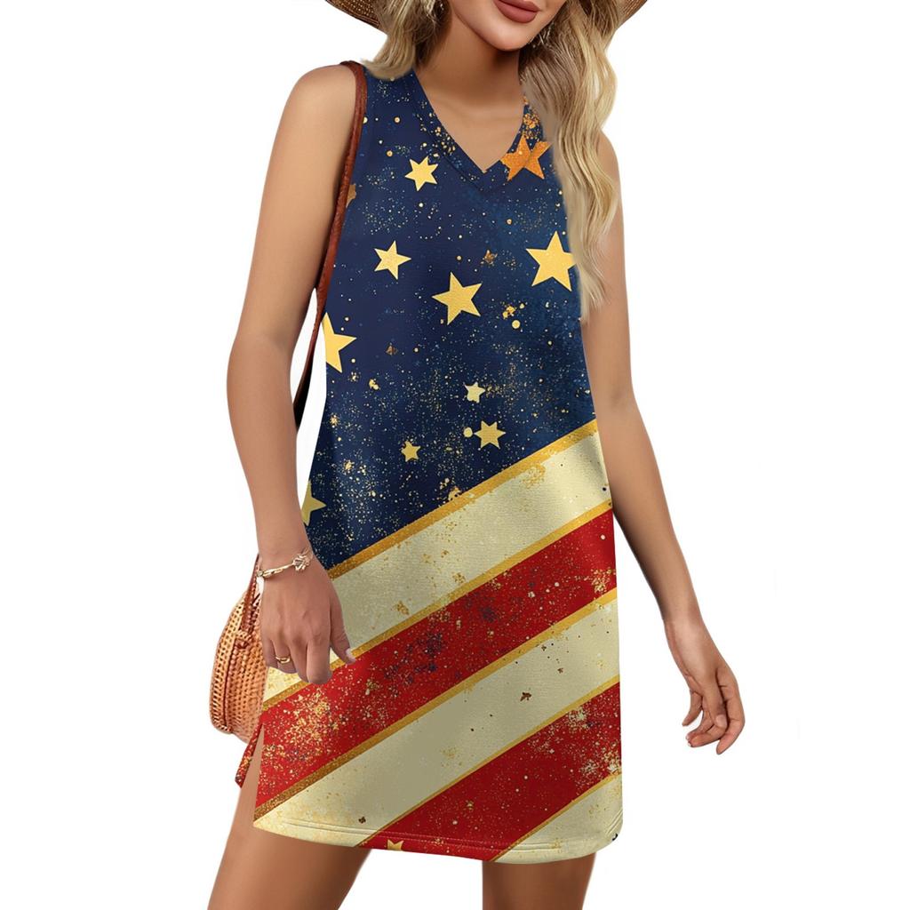 Rochie de vară casual de plajă cu gât în V pentru femei, fără mâneci, cu imprimeu de Ziua Independenței