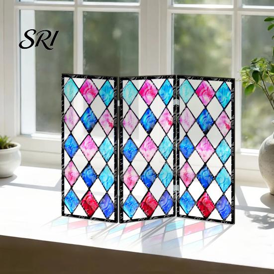 Colorful Folding Screen Mini Decorative Stained Glass Effect 3 Panel Divider Acrylic Desktop Office Desk Decoration Ornament for Home Living